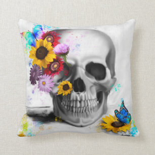 Realistic floral butterfly skull cushion