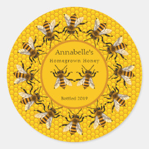 Realistic Honey Bees on Honeycomb Honey Label