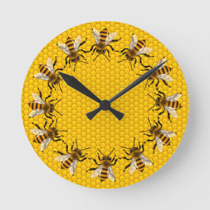 Realistic Honey Bees on Honeycomb Time Round Clock
