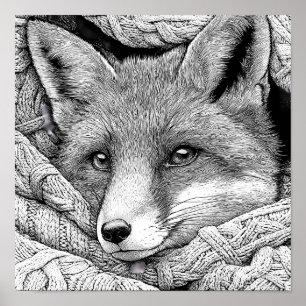 Realistic Knitted Christmas Stocking Fox Coloring Poster