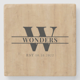 Realistic Light Wood Grain Monogram Wedding Stone Coaster