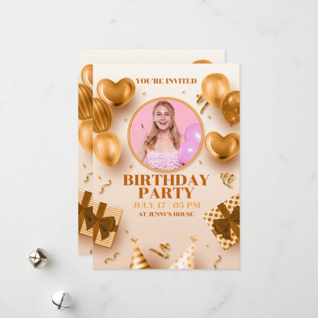 realistic luxury golden happy birthday invitation (Front/Back In Situ)
