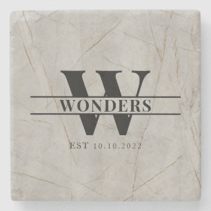 Realistic marble Wood Grain Monogram Wedding Stone Coaster