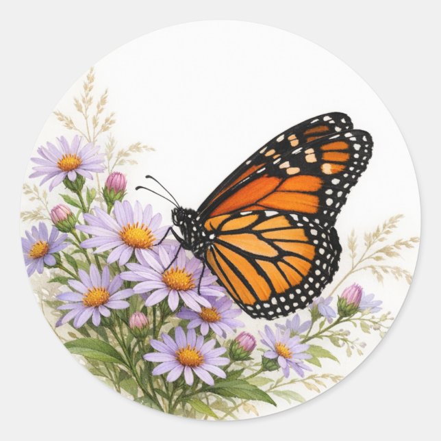 Realistic Monarch Butterfly Floral Classic Round Sticker (Front)