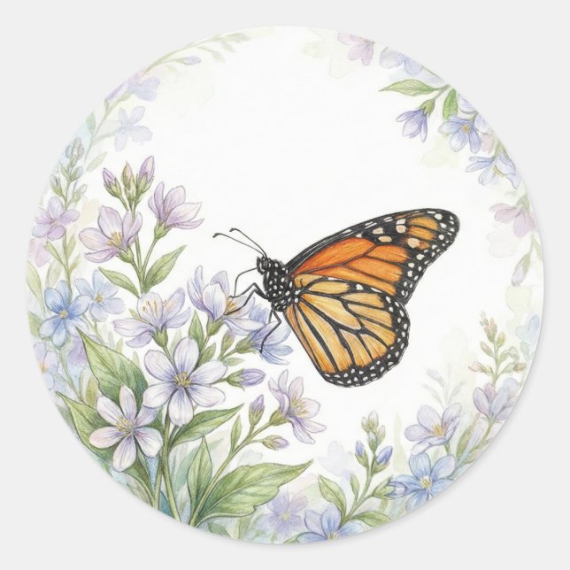 Realistic Monarch Butterfly Floral Classic Round Sticker (Front)