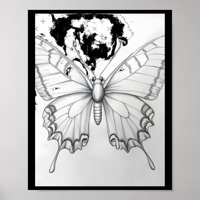 Realistic Monarch Butterfly Pencil Drawing Sticker Poster (Front)