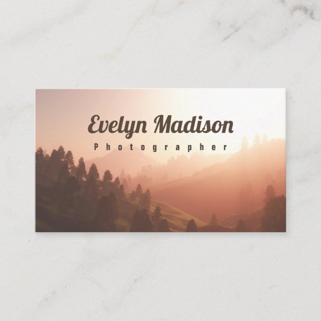 Realistic mountain landscape with sunrise business card (Front)