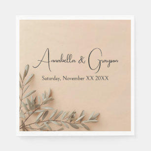 Realistic Olive Branches on Elegant Beige Wedding Napkin