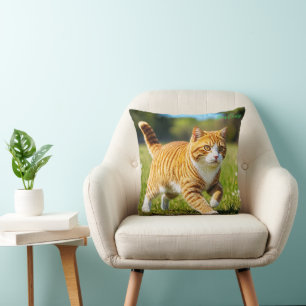 Realistic Orange Tabby Cat in Sunny Meadow Cushion