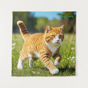 Realistic Orange Tabby Cat in Sunny Meadow Tapestry