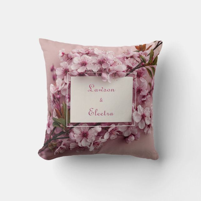 Realistic Pink Cherry Blossom Branch and Leaf Cushion (Front)