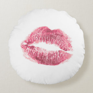 Realistic pink lips, isolated kiss round cushion