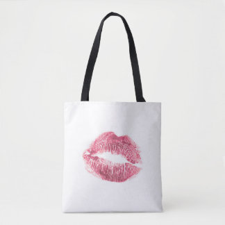 Realistic pink lips, isolated kiss tote bag