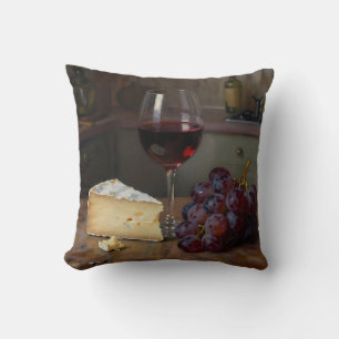 Realistic Red Wine Cheese Grapes Still Life Cushion