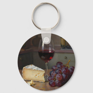 Realistic Red Wine Cheese Grapes Still Life Key Ring