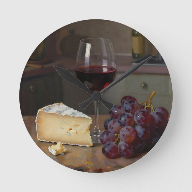 Realistic Red Wine Cheese Grapes Still Life Round Clock (Front)