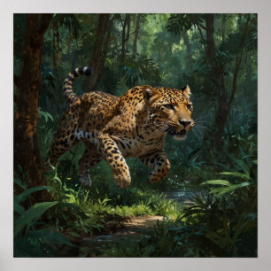 Realistic Running Leopard in Jungle Poster