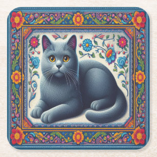 Realistic Russian blue Cat Colourful Floral Border Square Paper Coaster