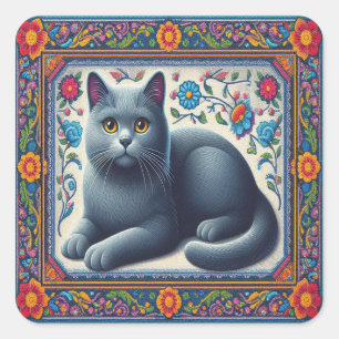 Realistic Russian blue Cat Colourful Floral Border Square Sticker
