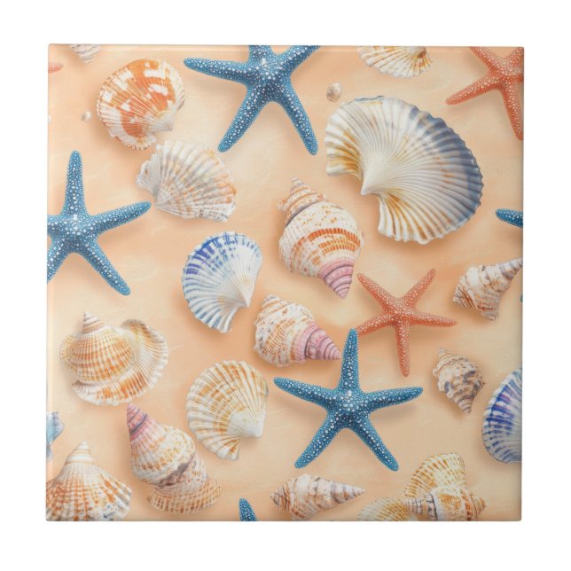 Realistic Seashell Starfish Peach Sand Beach Tile (Front)