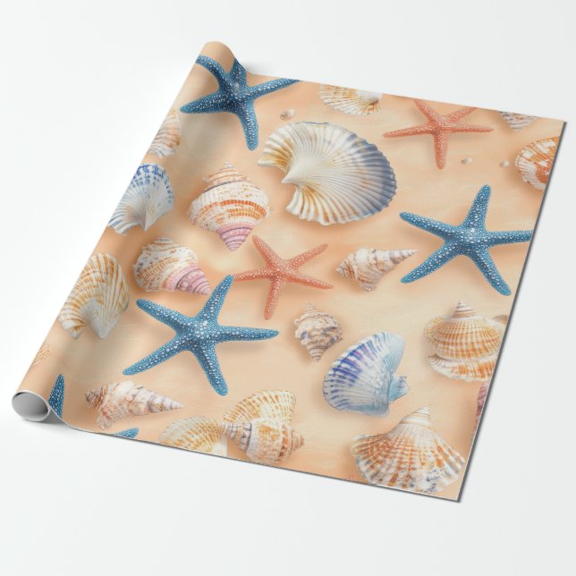 Realistic Seashell Starfish Peach Sand Beach Wrapping Paper (Unrolled)