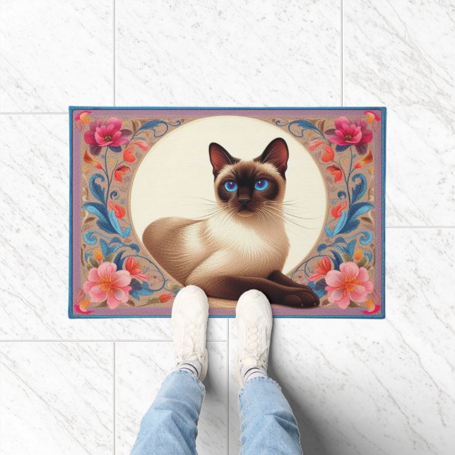 Realistic Siamese Cat Colourful Floral Border Doormat (Indoor)