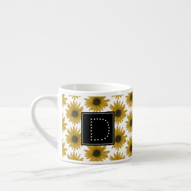 Realistic Sunflower 3D Pattern Monogram Espresso Cup (Left)