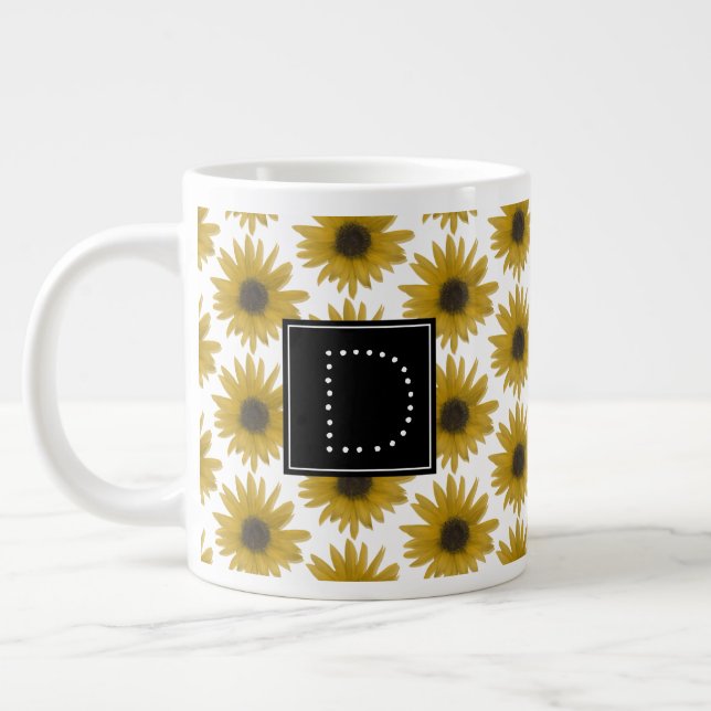 Realistic Sunflower 3D Pattern Monogram Large Coffee Mug (Left)