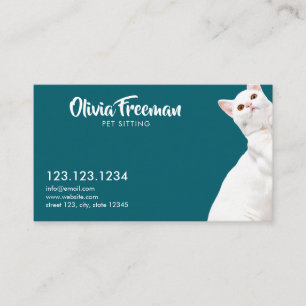 Realistic Teal & White Cat Picture Pet Sitting Business Card