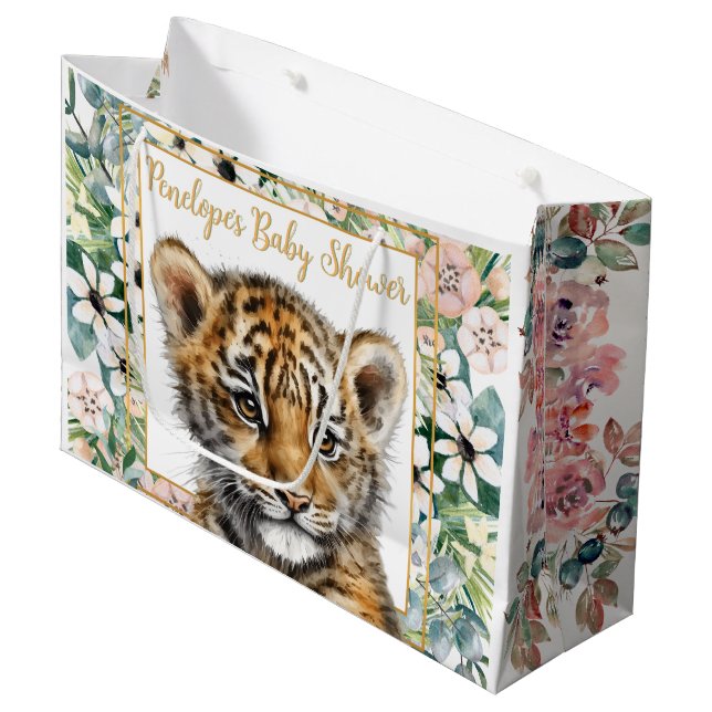 Realistic Tiger Cub Gender Neutral Baby Shower Large Gift Bag (Front Angled)