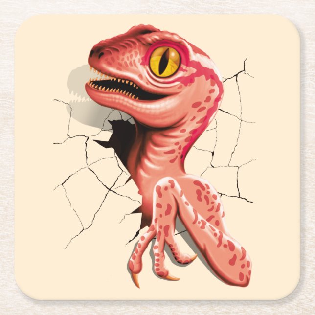Realistic Velociraptor Dinosaur Hatching Square Paper Coaster (Front)