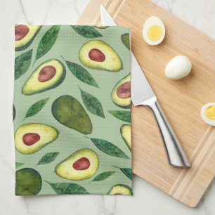 Realistic Watercolor Avocado Pattern Green  Tea Towel
