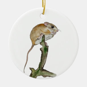 Realistic watercolor mouse in a tree ceramic tree decoration