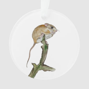 Realistic watercolor mouse in a tree ornament
