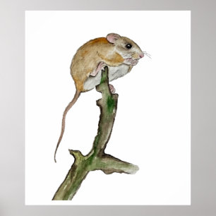 Realistic watercolor mouse in a tree poster