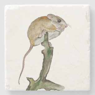 Realistic watercolor mouse in a tree stone coaster