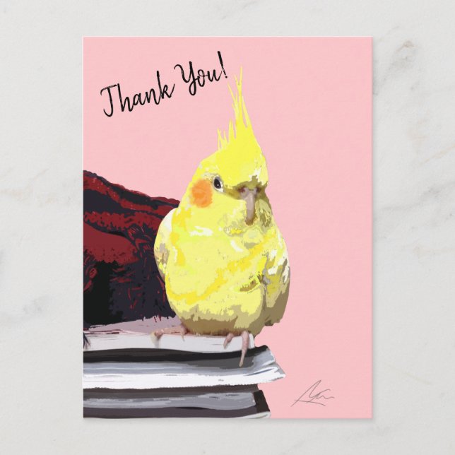 Realistic Yellow Cockatiel On Books Modern Pink Postcard (Front)