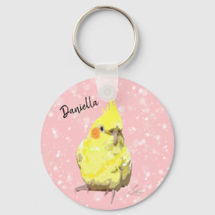 Realistic Yellow Cockatiel Painting Pink Flurries Key Ring