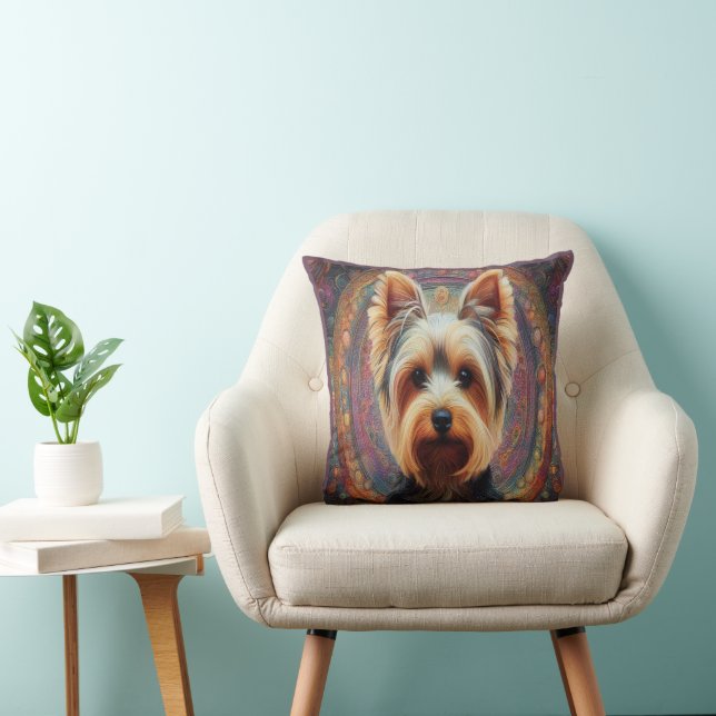 Realistic Yorkshire Terrier Dog Colourful Border Cushion (Chair)