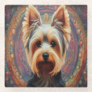 Realistic Yorkshire Terrier Dog Colourful Border Glass Coaster