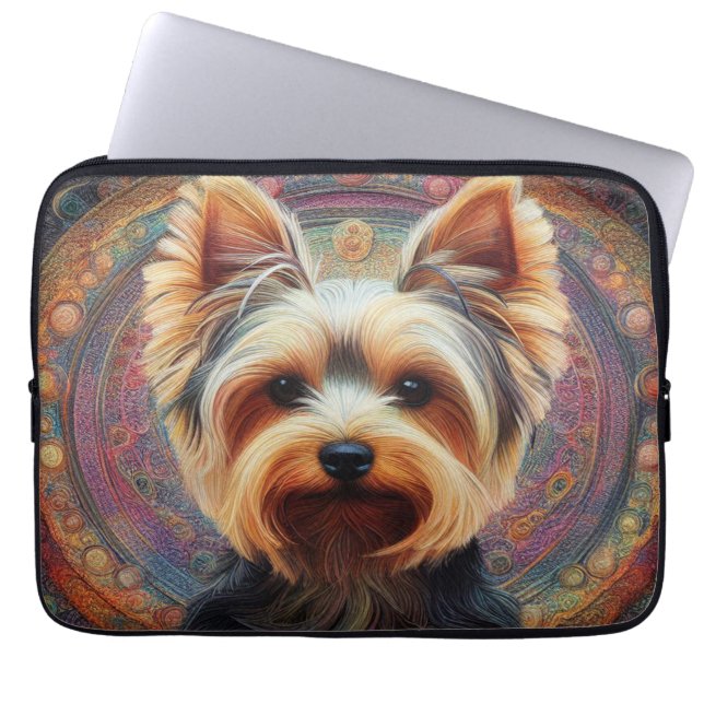 Realistic Yorkshire Terrier Dog Colourful Border Laptop Sleeve (Front)