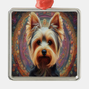 Realistic Yorkshire Terrier Dog Colourful Border Metal Tree Decoration