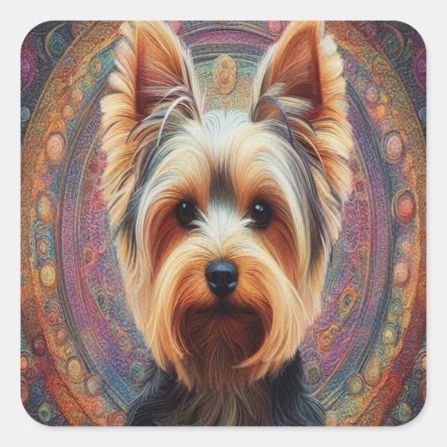 Realistic Yorkshire Terrier Dog Colourful Border Square Sticker (Front)
