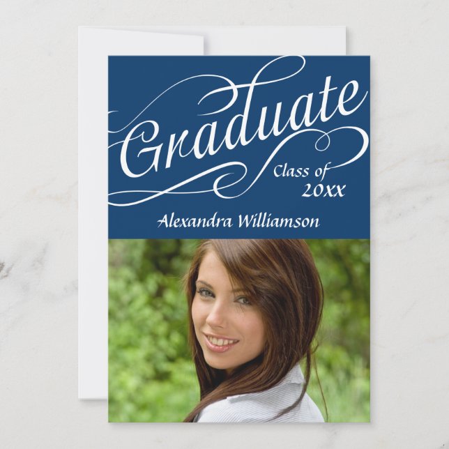 Really Blue W/Swirly Script Celebrate Graduation Invitation (Front)