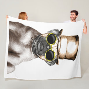Really Cute Steam Pug With Glasses Fleece Blanket