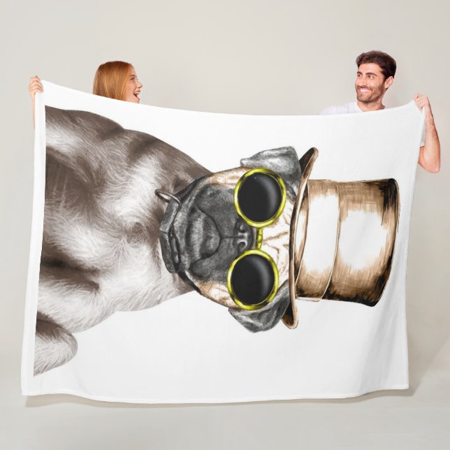 Really Cute Steam Pug With Glasses Fleece Blanket (In Situ)