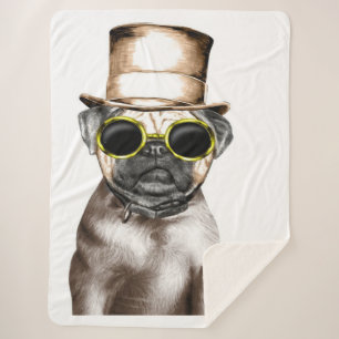 Really Cute Steam Pug With Glasses Sherpa Blanket