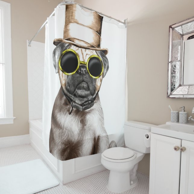 Really Cute Steam Pug With Glasses Shower Curtain (In Situ)