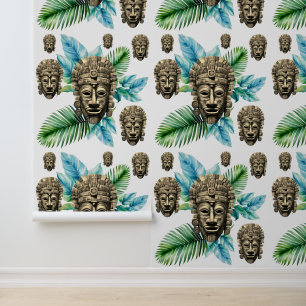 Realm of Foliage Tribal Mayan Mask Pattern Wallpaper