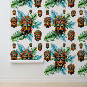 Realm of Foliage Tribal Mayan Mask Pattern Wallpaper